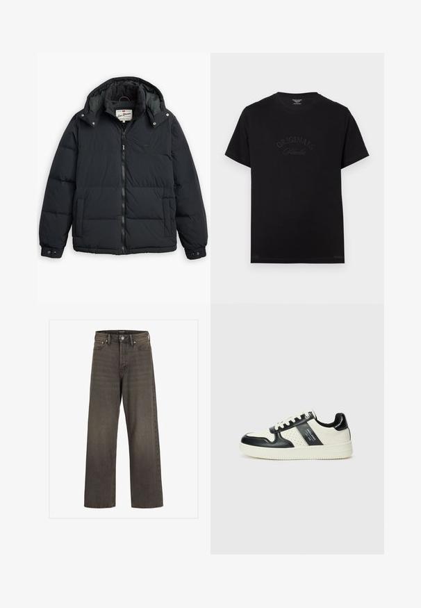 Casaco tipo puffer preto com capuz destacável, fecho de correr à frente, bolsos laterais e punhos elásticos. Apresenta painéis cosidos para isolamento e aquecimento.; T-shirt de algodão preto com mangas curtas e decote redondo. Apresenta "ORIGINALS Studio" em relevo na frente, com letras tonais.; Jeans de perna larga em denim cinza escuro, com cintura alta, design clássico de cinco bolsos e costura em contraste ao longo das costuras.; Ténis de couro com um esquema de cores em preto e creme, apresentando detalhes perfurados, um colarinho acolchoado e uma sola texturizada.