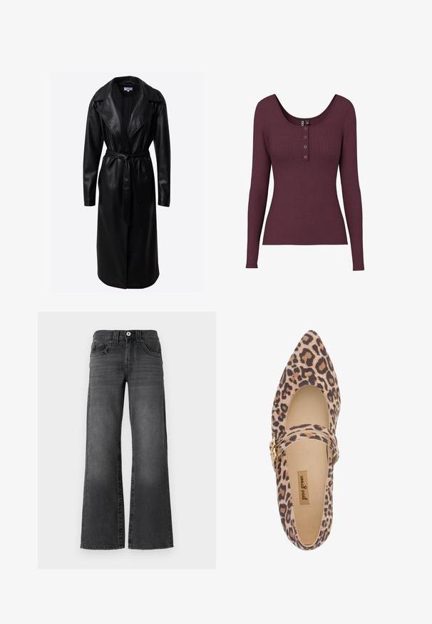 Crni kožni trench kaput s dugim rukavima, širokim reverima, pojasom u struku i bočnim džepovima. Glatka tekstura s sjajnom završnom obradom.; Burgundijska rebrasta majica dugih rukava s izrezom u obliku supe i tri dugmeta detalja na prsima. Izrađena od teksturiranog pletenog materijala.; Široke traperice u tamnosivoj boji denima. Imaju pet džepova, kopčanje na dugme i suptilno izblijeđenje na tkanini. Klasični šavovi kao akcenti.; Cipele Mary Jane s leopardskim uzorkom, špicastog vrha, gornjište od mekog materijala i trakica ukrašena zlatnom kopčom. Vidljiva krema postava i uložak.