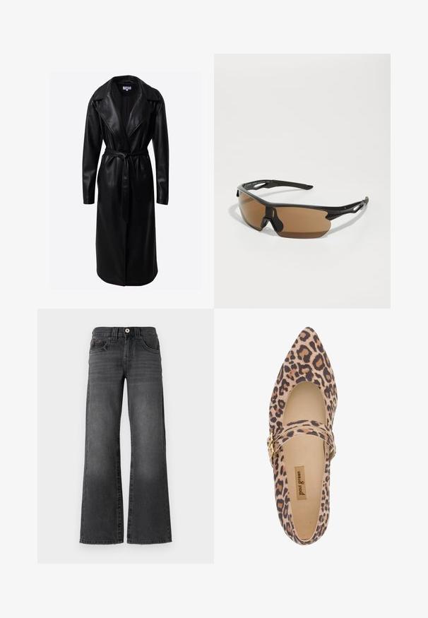 Mustmust nahkpikkpüksid, millel on pikad varrukad, laiad kraed, vöödiga talje ja küljetaskud. Sile tekstuur ja läikiv viimistlus.; Burgundi värvi ribaga pikkade varrukatega topp, millel on ümar kaelus ja kolm nuppu rinnal. Valmistatud tekstuurilisest kudumaterjalist.; Laial jalgevahega teksad tumedast hallist denimist. Omavad viit taskut, nööbi sulgemist ja kangal peent kulumist. Klassikaline õmbluste aktsent.; Leopardimustriga Mary Jane kingad terava ninaga, pehmest kangast ülaosaga ning kuldse pandlaga kaunistatud rihmaga. Nähtav kreemjas vooder ja sisetald.; Spordiprillid musta raamiga, pruunide kihiga läätsedega ning mustade tekstuursete detailidega tempel. Kerge ja aerodünaamiline disain.