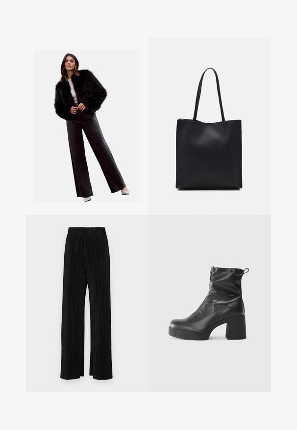Giacca cropped in pelliccia sintetica nera, abbinata a pantaloni in pelle nera a vita alta, tacchi argento e una maglietta bianca. Tessuto liscio e design elegante.; Maglione fitted a maniche lunghe nero a costine con scollo rotondo, esposto su uno sfondo chiaro e semplice.; Pantaloni neri a plissé con vita elasticizzata. Presentano gamba ampia e un tessuto liscio e texture con strisce verticali.; Stivali neri alla caviglia in pelle liscia, con zip laterale, tacco spesso e texture, e punta arrotondata.; Borsa tote in pelle nera con texture liscia, forma rettangolare e due manici lunghi. Nessun hardware o decorazione visibile.