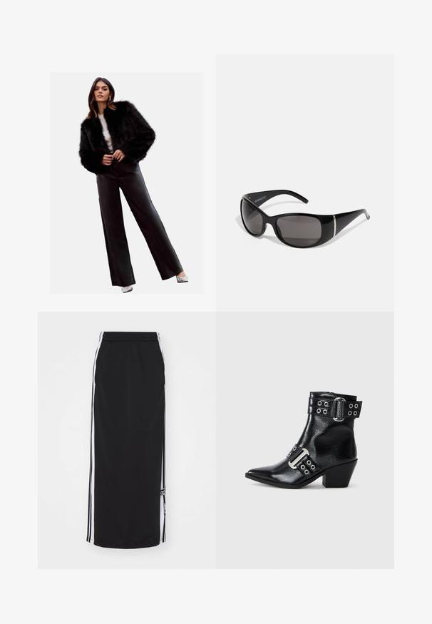 Jachetă scurtă din blană sintetică neagră, combinată cu pantaloni din piele neagră cu talie înaltă, tocuri argintii și o bluză albă. Textură netedă și design elegant.; Top fără mâneci, de culoare verde deschis, realizat dintr-un material neted, având un gât înalt și o siluetă ajustată. Fără accesorii sau modele vizibile.; Fustă sport neagră cu dungi albe pe laterale, talie elastică și detalii cu logo. Fabricată din material respirabil, design până la genunchi.; Botine negre din piele cu vârful ascuțit, accente din cataramă argintie și două curele cu ochiuri. Toc mic și pătrat pentru o stabilitate suplimentară.; Ochelari de soare negri cu rame din plastic lucios, lentile gri cu gradient și accente argintii pe laterale. Design elegant și curbat.