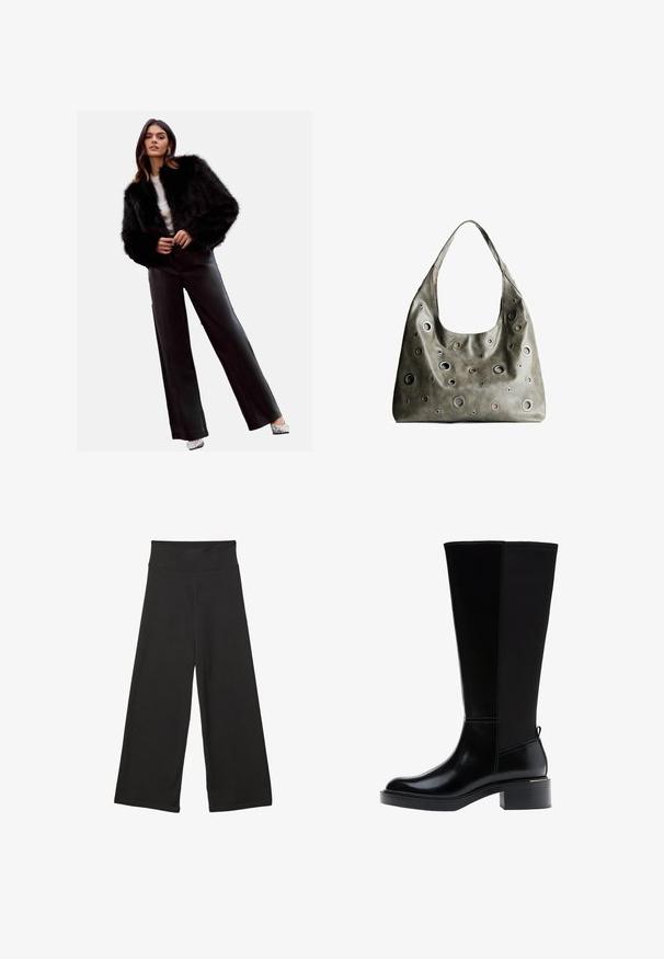 Crna lažna krzna kratka jakna, uparena s visokim crnim kožnim hlačama, srebrnim potpeticama i bijelom majicom. Glatka tekstura i elegantan dizajn.; Crni kratki rukav majica od mekog materijala, s okruglim izrezom i raširenim rubom s suptilnim detaljima šavova.; Crne široke hlače s visokim elastičnim pojasom, mekanim materijalom i slobodnim krojem, pogodne za ležerno nošenje ili opuštene prostore.; Crna čizma do koljena s glatkom kožnom završnom obradom, istaknutim šavovima, masivnom petom i teksturiranim stražnjim panelom za dodatni interes.; Maslinasto zeleni kožni ručni kovčeg s opuštenim dizajnom, s raznim kružnim izrezima različitih veličina i naglascima u tamnijim i svjetlijim nijansama.