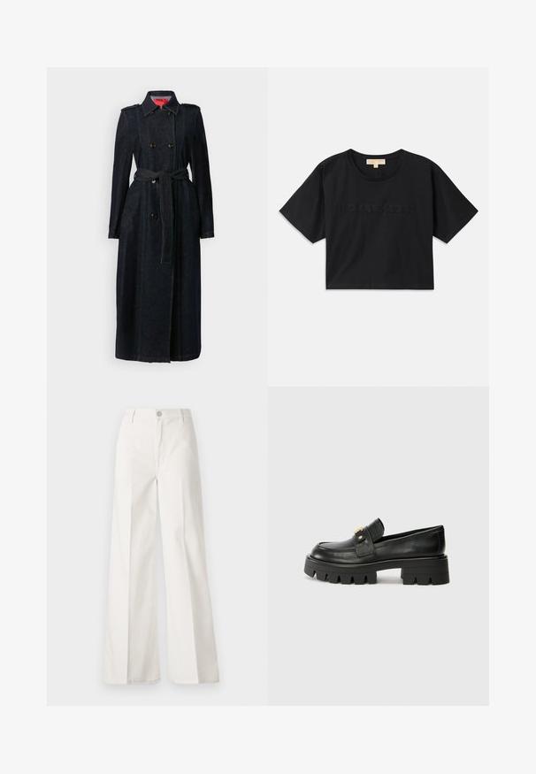 Dunkelblauer Jeans-Trenchcoat mit doppelreihigen Knöpfen, tailliertem Gürtel, grüner Kontrastverstikung und Schulterklappen. Lange Ärmel mit Knopfmanschetten.; Schwarzes, verkürztes T-Shirt aus Baumwolle. Hat einen runden Halsausschnitt und kurze Ärmel. "MICHAEL KORS" in passender Farbe auf der Vorderseite gestickt.; Weiße weite Hosen aus Baumwolle mit glatter Textur. Sie verfügen über einen vorderen Knopf, einen Reißverschluss und ein Design mit vier Taschen.; Schwarze Lederloafers mit einer klobigen Sohle, die an der Vorderseite ein goldfarbenes Akzent und eine glatte Oberfläche aufweisen. Klobiges Profil-Design auf der Sohle.