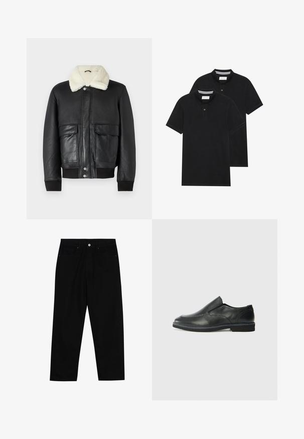 Czarna skórzana kurtka z kremowym kołnierzem z owczej wełny, z dwoma przednimi kieszeniami i ściągaczami u dołu i na rękawach.; Dwie czarne koszulki polo z krótkim rękawem, wykonane z materiału bawełnianego, z klasycznym kołnierzykiem, z zapięciem na dwa guziki oraz białymi paskami wewnątrz kołnierza.; Czarne spodnie dżinsowe w klasycznym kroju prostym, z pięcioma kieszeniami i zapięciem na guzik z przodu. Gładka tekstura z minimalnymi detalami szwy.; Czarne skórzane buty wsuwane z gładką cholewką, przeszyciami, okrągłym noskiem i niskim gumowym obcasem. Podeszwa ma minimalny bieżnik.