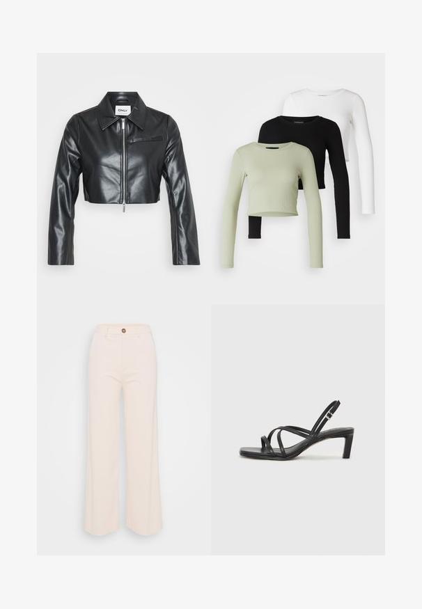 Crna skraćena kožna jakna s naoštrenim ovratnikom, prednjim zatvaranjem na patentni zatvarač, dugim rukavima i jednim džepom na prsima. Glatka tekstura.; Even&Odd Petite 3 PACK - Top dugih rukava - black/white/light green; Hlače širokih nogavica od meke krem boje, s visokim pasom, zaponko na en gumb in minimalnimi šivi.; Crne sandale s trakama, kvadratnim prstom i niskom blok petom. Ima više tankih trakica i podesivu trakicu oko gležnja. Izrađene su od glatke kože.