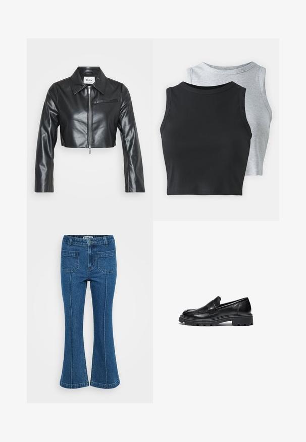 Juoda trumpa odinė striukė su smailiu apykakle, užtrauktuku priekyje, ilgomis rankovėmis ir vienu krūtines kišeniu. Lygi tekstūra.; Even&Odd Petite 2 PACK - Viršus - light grey/black; Mėlynos džinsinės kelnės su aukšta juosmena, priekinėmis kišenėmis, siūlėmis per kojas ir nedideliu išplatėjimu prie kulkšnių.; Juodi odiniai loaferiai su apvaliu priekiu, siuvinėtų detalių ir masyviu guminio pado, turinčio tekstūruotą sukibimo raštą.