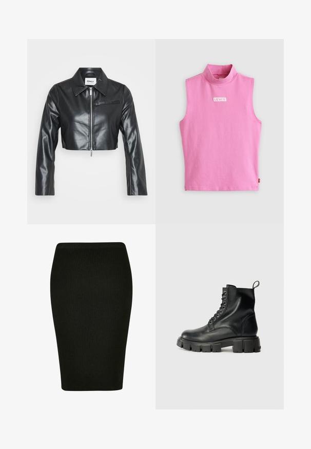 Čierna skrátená kožená bunda s špicatým golierom, predným zipsom, dlhými rukávmi a jednou náprsník kapse. Hladký povrch.; Ružový top bez rukávov s vysokým golierom, vyrobený z jemnej bavlnenej tkaniny. Na hrudi sa nachádza malé biele logo Levi's. Hladká štruktúra a jednoduchý dizajn.; Čierna rypsová ceruzková sukňa s priliehavým strihom. Má vysoký pás a textúrovanú látku, ktorá ponúka hladký siluetu.; Čierne kožené členkové topánky s okrúhlou špičkou, šnurovaním vpredu s šiestimi kovovými očkami a robustnou, textúrovanou gumovou podrážkou.