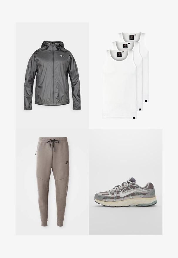 Veste légère à capuche de couleur gris métallique, avec une fermeture éclair à l'avant et des poignets élastiques. Elle possède un petit logo réfléchissant sur le haut de la poitrine.; Trois débardeurs blancs côtelés en coton. Présentent un col rond et de petites étiquettes noires près de l'ourlet. Disponibles en plusieurs tailles.; Pantalon de survêtement gris Nike avec une taille élastique à cordon de serrage, des jambes fuselées, des poches latérales et un détail de couture distinct. Tissu doux et texturé.; Chaussure de sport grise avec une tige en mesh et en daim, accents blancs, semelle rembourrée et un design distinctif avec des éléments réfléchissants.