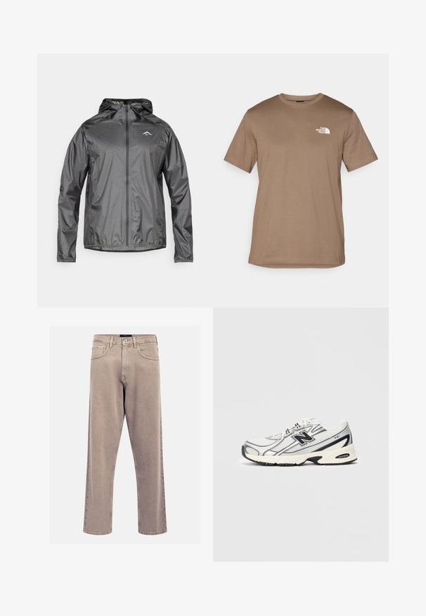 Leichte, kapuzenjacke in metallicgrau mit einem Frontreißverschluss und elastischen Bündchen. Mit einem kleinen reflektierenden Logo auf der oberen Brust.; Braunes T-Shirt mit kurzen Ärmeln aus Baumwolle und geripptem Rundhalsausschnitt. Verfügt über ein kleines weißes Logo im linken Brustbereich.; Beige gerade geschnittene Jeans aus Denim, mit einem klassischen Fünf-Taschen-Design, genähten Akzenten und einem sauberen Saumfinish.; Weißer und grauer Sportschuh mit schwarzem "N"-Logo, Obermaterial aus Mesh, gepolsterter Sohle und Schnürdesign, auf einem einfachen hellgrauen Hintergrund abgebildet.