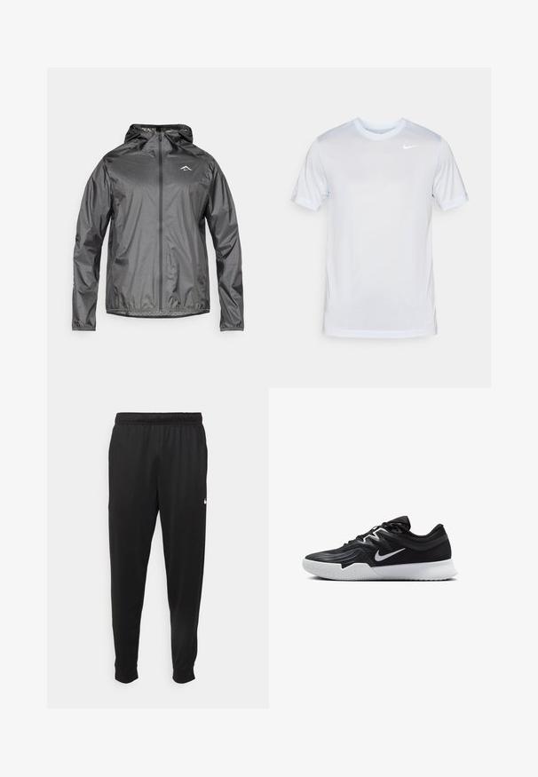 Giacca leggera con cappuccio di colore grigio metallico, dotata di zip frontale e polsini elasticizzati. Presenta un piccolo logo riflettente sulla parte superiore del petto.; Nike Performance TEE NEW VENEER - T-Shirt sport - football grey/pure/white; Pantaloni sportivi neri realizzati in tessuto liscio, con una vita elastica, gambe affusolate e un piccolo logo bianco sul lato sinistro.; Scarpa sportiva nera con tomaia testurizzata, logo Nike swoosh bianco e suola in gomma bianca. Presenta un design con lacci e una forma dinamica.