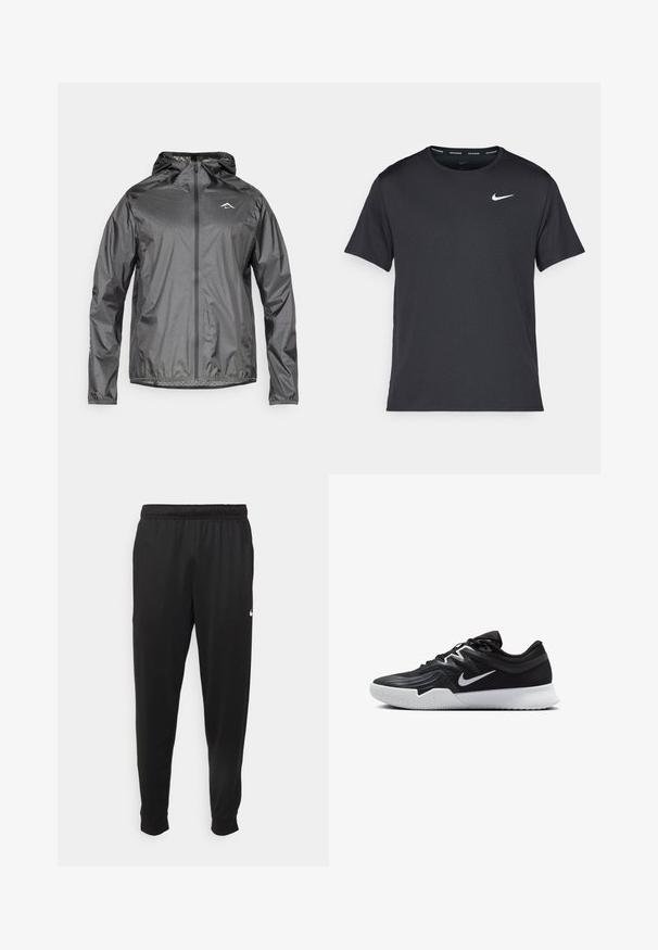 Let jakke i metallic grå med hætte, frontlynlås og elastiske cuffs. Har et lille reflekterende logo på over brystet.; Sort Nike løbe T-shirt lavet af let, åndbart materiale, med korte ærmer og et lille hvidt logo på brystet.; Sorte atletiske bukser lavet af glat stof, med elastisk talje, smalnende ben og et lille hvidt logo på venstre side.; Sort atletiksko med en tekstureret overdel, hvid Nike swoosh og en hvid gummisål. Har en snørret design og dynamisk form.