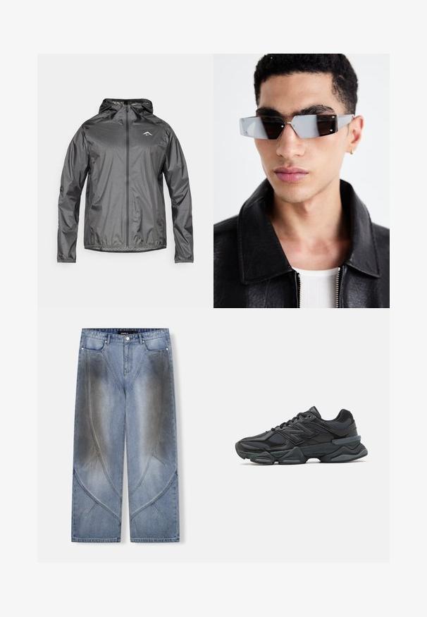 Lagani jakna s kapuljačom u metalik sivoj boji, s prednjim zatvaračem i elastičnim manžetama. Ima mali reflektirajući logo na gornjem dijelu prsnog koša.; Crna kratka majica s kratkim rukavima od pamuka, s okruglim izrezom i ležernim krojem. Glatka tekstura s minimalnim detaljima šivanja.; Svijetloplave široke traperice s jedinstvenim kutaškim dizajnom, efektima blijeđenja i kontrastnim šavovima. Stil s pet džepova.; Crne trkačke tenisice izrađene od kombinacije mrežastih i sintetičkih materijala, s debelim potplatom, zakrivljenim dizajnom i istaknutim brendom sa strane.; Angular sunčane naočale sivo-smeškanih tonova sa srebrnim detaljima, postavljene na svijetloj pozadini. Stakla imaju jedinstven geometrijski oblik.