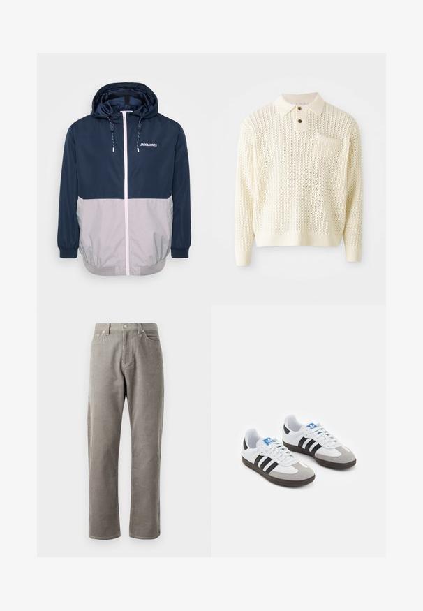 Granatowa i szara kurtka przeciwwiatrowa z kapturem, przednim zamkiem, elastycznymi mankietami i detalami ze sznurkiem. Posiada logo na klatce piersiowej. Gładka struktura.; Jasna kremowa dzianinowa bluza z teksturowanym wzorem, z podwójnym zapięciem na guziki oraz kieszenią na piersi. Posiada ściągacze na mankietach i u dołu.; Szare spodnie z korduroju o prostym kroju nogawek, z wysokim stanem, kieszeniami z przodu i subtelną, pionową teksturą prążkowaną.; Buty sportowe z białą skórzaną cholewką, szarym zamszowym noskiem i trzema czarnymi paskami. Posiadają niebieskie logo na języku oraz teksturowaną gumową podeszwę.