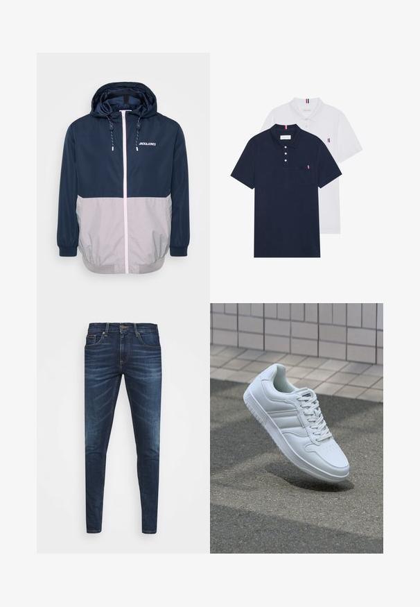 Mornarsko modra in siva vetrovka s kapuco, spredaj z zadrgo, elastičnimi manšetami in detajli na vrvici. Na prsih vsebuje logotip. Gladka tekstura.; Dve polo majice: ena mornarsko modra in ena bela, obe z majhnim rdečim, belim in modrim poudarjanjem na žepu in ovratniku.; Temno modri kavbojke ozkega kroja, s subtilnim bledenjem, petimi žepi in kovinskim zapiranjem na gumb. Oštrikanje z akcenti v kontrastni barvi.; Bela atletska teniska obutev z gladkim usnjenim zgornjim delom, vezanjem spredaj, perforiranim prstom in vzorčastim podplatom. Minimalistična zasnova s tremi stranskimi črtami.
