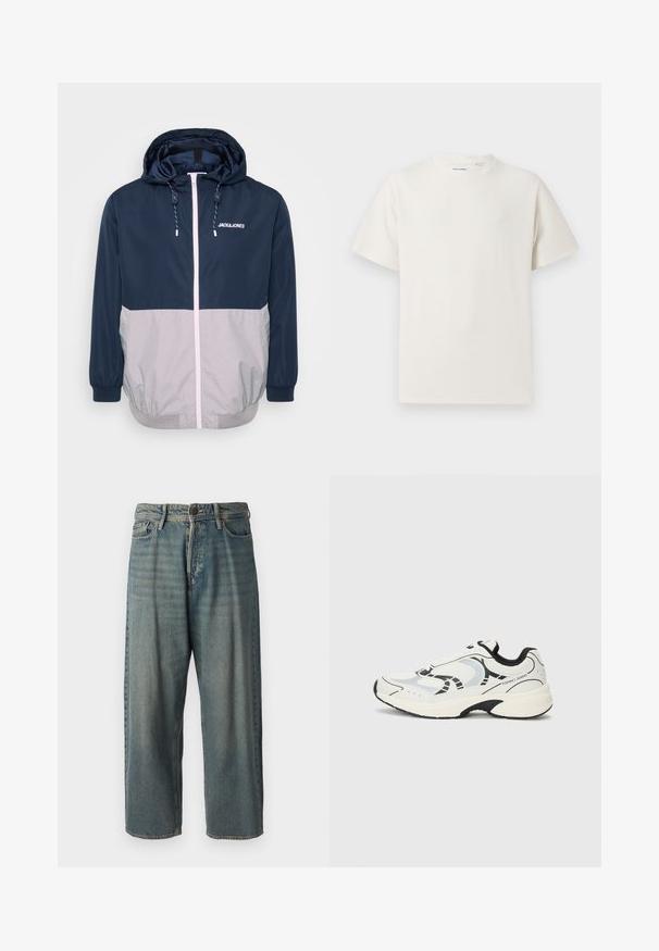 Navy and gray windbreaker jacket with a hood, front zipper, elastic cuffs, and drawstring details. Features logo on chest. Smooth texture.; White short-sleeve T-shirt in a ribbed texture. Round neckline, relaxed fit, no visible patterns or accents. Simple and versatile design.; Light blue denim jeans with a loose fit, mid-rise waist, and straight legs. Features five pockets, belt loops, and a button closure.; White athletic sneakers with black accents, featuring a mesh upper, cushioned sole, and geometric design elements. Brand logo on side.