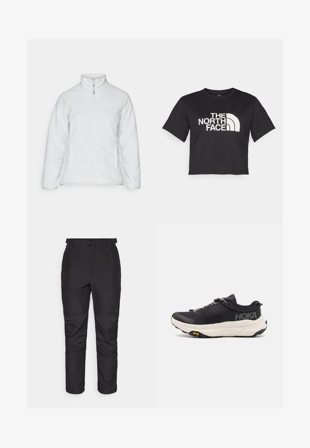 Giacca in pile bianca con colletto alto, zip frontale e due tasche laterali. Presenta una texture morbida e un design semplice con una leggera brandizzazione.; Maglietta nera corta in cotone, con un logo bianco con accenti curvi e testo "THE NORTH FACE" sul davanti. Maniche corte, colletto alla marinara.; Pantaloni outdoor neri realizzati in materiale leggero, con una texture liscia, vita elastica, tasca con zip e dettagli in pannello sulle gambe inferiori.; Scarpe da ginnastica nere con tomaia in mesh traspirante, suola in gomma, intersuola bianca ammortizzante e lacci riflettenti. Logo Vibram sulla suola.