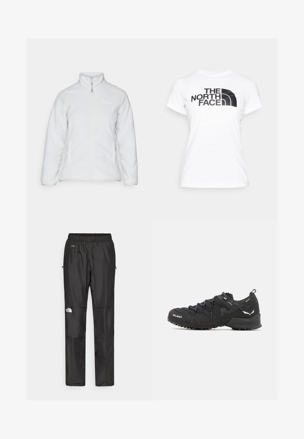 Jachetă albă din fleece cu guler înalt, fermoar frontal și două buzunare laterale. Prezintă o textură netedă și un design simplu, cu o branding subtil.; Tricou alb din bumbac cu un imprimeu grafic negru al logo-ului "THE NORTH FACE" pe față. Mâneci scurte și decolteu rotund.; Pantaloni impermeabili negri, confecționați dintr-un material ușor, cu o talie elastică, buzunare laterale și un logo pe piciorul stâng.; Pantofi de drumeție negri cu un superior din țesătură texturată, sistem de șireturi și talpă din cauciuc robustă. Accentați cu detalii reflectorizante și logo-uri.