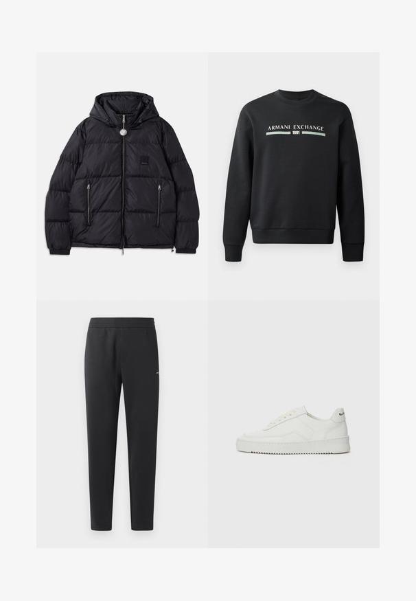 Svart puffjacka med huva, med quiltad textur, dragkedja fram, två sidofickor och en liten logotypapplikation på bröstet.; Svart sweatshirt tillverkad av mjukt tyg. Har rundad halsringning och långa ärmar. Framtill står det "ARMANI EXCHANGE" och "1991" i kontrasterande färger.; Svarta joggingbyxor i mjukt tyg, med elastisk midja, raka ben och en liten logotypdetalj på sidan.; Vita lädersneakers med en jämn yta, rund tå, platta snörningar och en strukturerad sula. Har en diskret logotyp på hälen.