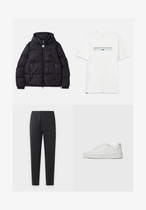 Black puffer jacket with a hood, featuring quilted texture, zippered front, two side pockets, and small logo patch on the chest.; White cotton t-shirt with short sleeves, featuring a blue and green "ARMANI EXCHANGE" logo and "1991" centered below.; Black jogger pants made of soft fabric, featuring an elastic waistband, straight legs, and a single small logo detail on the side.; White leather sneaker with a smooth finish, round toe, flat laces, and a textured sole. Features a subtle logo on the heel.