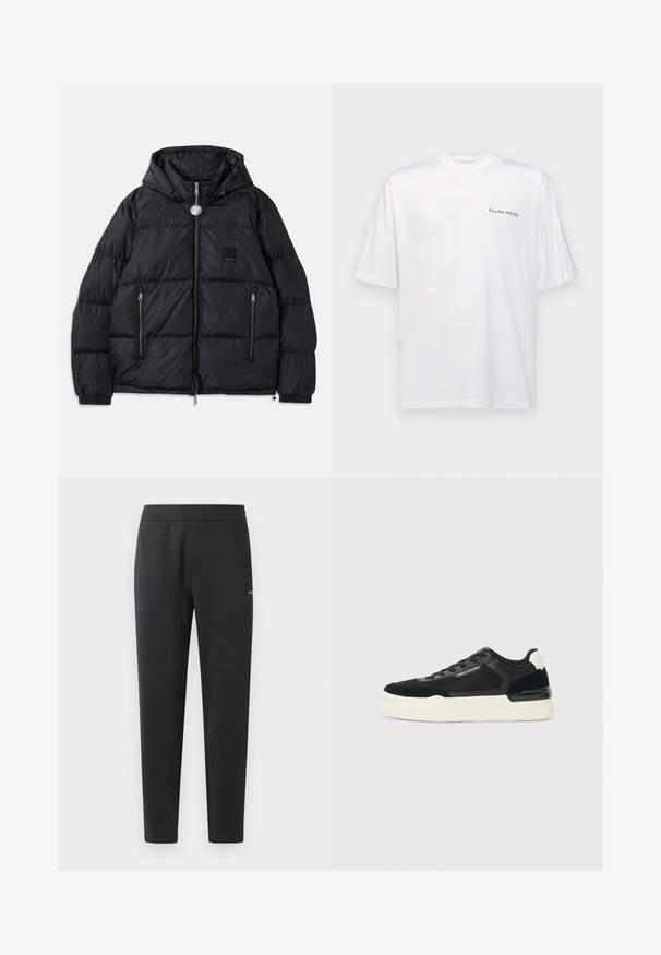 Juodas pūkuotas džemperis su kapišonu, su išsiuvinėtu raštu, užtrauktuku priekyje, dviem šoninėm kišenėm ir mažyte logotipo etiketė ant krūtinės.; Baltas trumpas rankovės marškinėliai iš medvilnės su v-kaklu, su juodu "FILLING PIECES" logotipu, spausdintu kairėje pusėje.; Juodos sportinės kelnės, pagamintos iš minkštos medžiagos, su elastinga juosmeniu, tiesiomis kojomis ir nedideliu logotipo akcentu šone.; Juodos sportinės bateliai, pagaminti iš tinklinės medžiagos ir odos, su storu baltu padu ir kontrastingais akcentais. Raišteliai ir logotipo detalės šone.