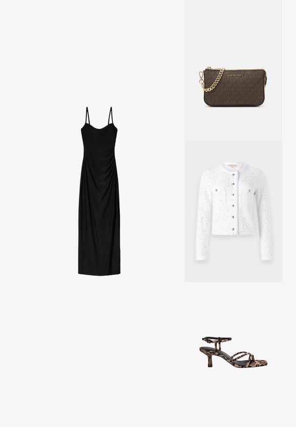 Biely kardigan s dlhými rukávmi, okrúhlym výstrihom, štruktúrovanou tkaninou, striebornými flitrami, stredovým zapínaním na gombík a dvoma náprsními vreckami so striebornými gombíkmi.; Čierne midi šaty s tenkými nastaviteľnými ramienkami, s prekrývajúcim sa dizajnom a hladkou textúrou. Žiadne viditeľné vzory ani zdobenie.; Sandále na podpätku s leopardím vzorom, s hranatou špičkou, viacerými popruhmi a stredne vysokým podpätkom. Vyrobené z mäkkého textilného materiálu.; Hnedá kožená crossbody taška s logom, zlatým reťazcom, zipsovým uzáverom a zlatými prvkami. Kompaktnej a obdĺžnikovej forme.