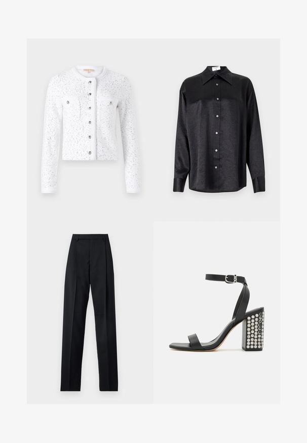 Cardigan bianco con maniche lunghe, scollo rotondo, tessuto a trama, paillettes argento, chiusura centrale con bottone e due tasche sul petto con bottoni argentati.; Camicia nera a maniche lunghe con colletto, caratterizzata da una texture stropicciata, chiusura frontale con bottoni e polsini. Realizzata in un tessuto morbido.; Pantaloni neri realizzati in tessuto morbido, caratterizzati da vita alta, gambe larghe, pince frontali e classiche passanti per cintura. Non ci sono tasche laterali visibili.; Infradito in pelle nera con tacco e cinturino alla caviglia. Presentano una punta quadrata, una texture liscia e un tacco a blocco quadrato adornato con borchie in argento.