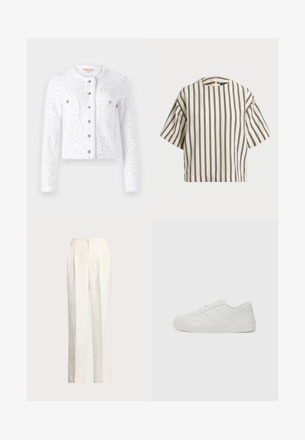 Weißer Cardigan mit langen Ärmeln, rundem Ausschnitt, strukturiertem Stoff, silbernen Pailletten, zentraler Knopfverschluss und zwei Brusttaschen mit silbernen Knöpfen.; Kurzärmliges, gestreiftes Oberteil in Creme und Marineblau, mit rundem Halsausschnitt und kastiger Form aus strukturiertem Stoff.; Polo Ralph Lauren HEMP WIDE LEG PANT - Stoffhose - nevis; Weiße Leder-Sneaker mit flachen Schnürsenkeln, abgerundetem Zehenbereich und dezenten Steppnähten. Verfügt über eine strukturierte Sohle und ein eingeprägtes Markenlogo an der Ferse.