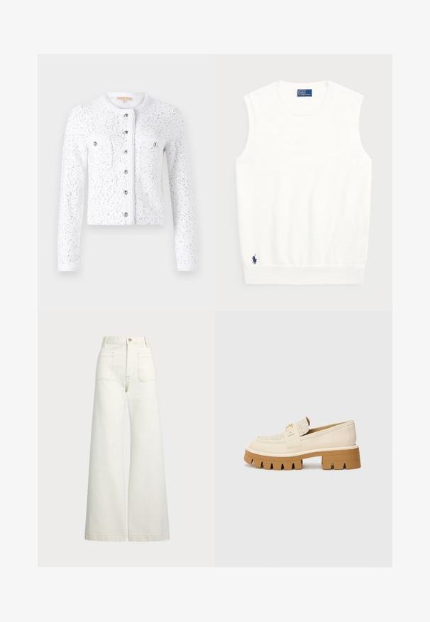 Hvit cardigan med lange ermer, rund hals, teksturert stoff, sølv paljetter, sentral knappelukking, og to brystlommer med sølvknapper.; Hvit ermeløs genser laget av glatt bomull, med ribbestrikket kant og en liten marineblå logo nederst til venstre. Enkelt design, ingen mønstre.; Vidde bukser i off-white denim. Høyt liv-design med knappelukking, to frontlommer og kontrastsøm detaljer.; Beige loafers med en teksturert kremfarget stropp, med en kraftig brun såle med tannlignende mønstre. Gullfarge på spenne-detaljen.