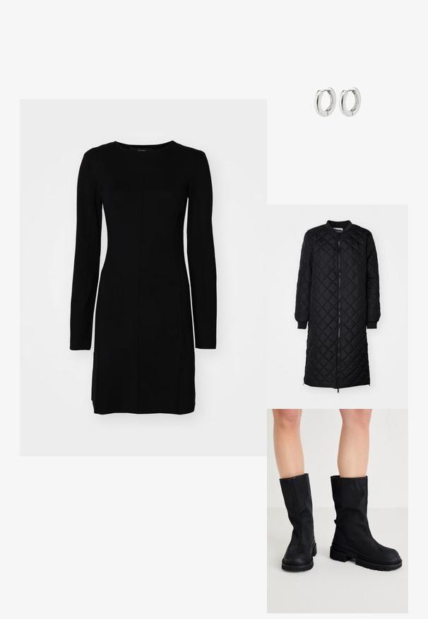 Melnā quilted gara mētelis ar rāvējslēdzēja aizdari, dimanta rakstu, ribotām piedurknēm un apaļu kaklu. Gluda tekstūra un pieguļoša siluets.; Melna garām piedurknēm kleita, kas izgatavota no ribota auduma. Iezīmēta ar pieguļošu siluetu, apaļu kakla izgriezumu un centrālo šuvju detaļām.; Melnas ceļgala augstuma zābaki, izgatavoti no gludas auduma materiāla ar biezu gumijas zoli, ar minimālistisku dizainu un diskrētām šuvēm.; Sudraba apli auskari ar spīdīgu apdari, kuriem ir apaļa forma un bezšuvju eņģes, rādot gludu virsmu.