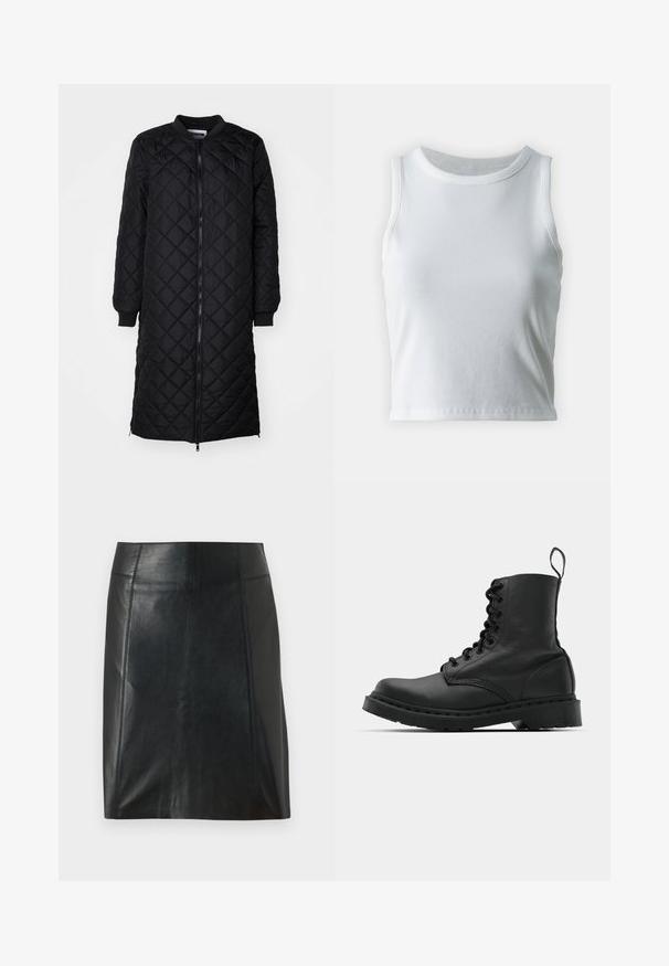 Svart quiltet lang kåpe med glidelås, diamantmønster, ribbestrikkede mansjetter og rund hals. Glatt tekstur og tettsittende silhuett.; Hvit ribbet tanktop med rund halslinning og ermeløs design, med en rett kant og en glatt, elastisk tekstur.; Svart lærskjørt med en tettsittende design. Jevn tekstur, sømmer som fremhever formen, og en rett kant. Minimalistisk og elegant utseende.; Svart lær militærstøvel med rund tå, snøring foran og en løftestropp ved ankelen. Har en tykk gummisåle for holdbarhet.