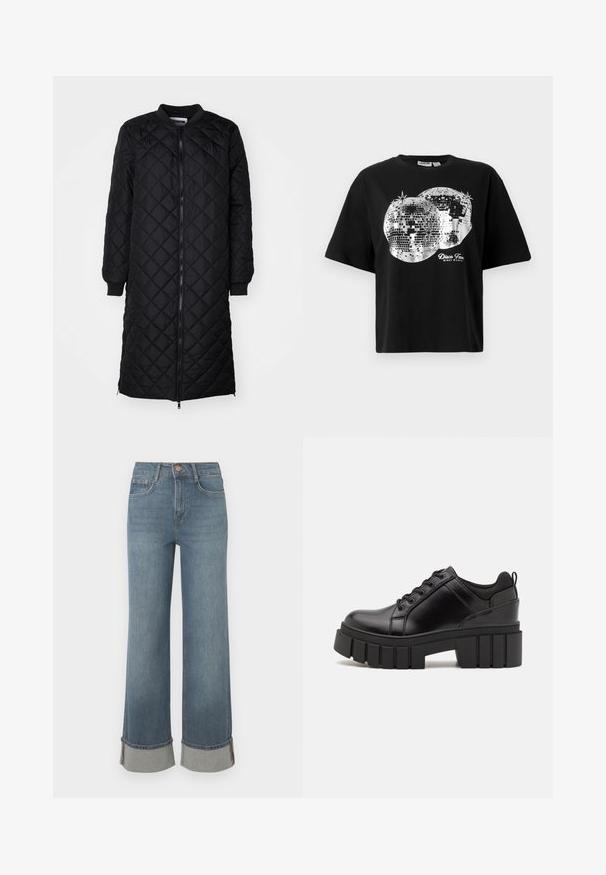 Svart quiltet lang kåpe med glidelås, diamantmønster, ribbestrikkede mansjetter og rund hals. Glatt tekstur og tettsittende silhuett.; Svart kortermet t-skjorte med to sølvfargede discokule-print og teksten "Disco Fever Night Party" i hvitt under designet.; Bredde ben blå denim jeans har høy liv, oppbrettede sømmer med grå aksent, fem-lommes design, og en front knappelukking.; Svarte lærplattformsko med kraftig blokkhell, rund tå og tradisjonell snøring. Har en jevn tekstur og minimal detaljering.