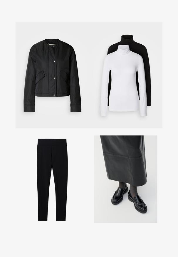 Sort cropped jakke lavet af glat stof, med rund halsudskæring, trykknapper og to sidelommer. Simpelt design uden mønster.; To sæt langærmede turtleneck toppe, en hvid og en sort, lavet af et glat, strækbart stof, begge med slim-fit design og høje kraver.; Sorte strækbare leggings med en bred, blød talje, der har en glat overflade og en tætsiddende silhuet, velegnet til forskellige aktiviteter.; Sorte læder loafers med en glat finish, prydet med en dekorativ rem, rund tå og tekstureret sål. Båret med en lang sort læderskirt.