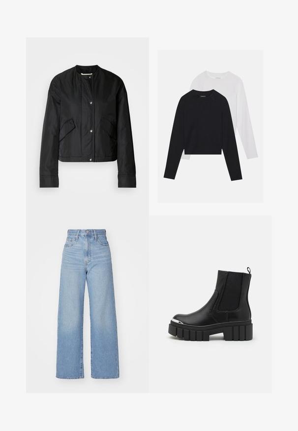 Jachetă neagră scurtă dintr-un material neted, cu un decolteu rotund, nasturi tip snap și două buzunare laterale. Design simplu, fără model.; Două cămăși cu mâneci lungi: una neagră și una albă. Ambele au guler rotund, mâneci raglan și sunt realizate dintr-un amestec moale de bumbac.; Jeans cu talie înaltă, de culoare albastru deschis, cu croială largă, dotate cu nasture și fermoar la față, buzunare în față și spate, pe un fundal alb.; Botine negre până la gleznă, din piele netedă, cu panouri elastice, talpă groasă și vârf metalic.