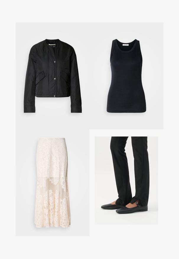 Must defektiga musta lühikeste varrukatega jakk, mis on valmistatud siledast kangast ja millel on ümar kaelus, nupud ning kaks küljetaskut. Lihtne disain ilma mustrita.; Musta tanktop, mis on valmistatud pehmest ja venivast materjalist. Omab ümmargust kaelust ja laiu õlapaelu, ning sellel on voolav siluett ja sile tekstuur.; Kreemikas lilleline pitsi midi seelik; sisaldab kihilise kujunduse, läbipaistvate osade, tekstureeritud pitsi ja laienevat hemmi.; Mustadast mustast nahast balletkingad terava ninaga, millel on rihm hõbedase klambriga, kokku sobitatud mustade ülikondpükstega, millel on lõhiku serv.