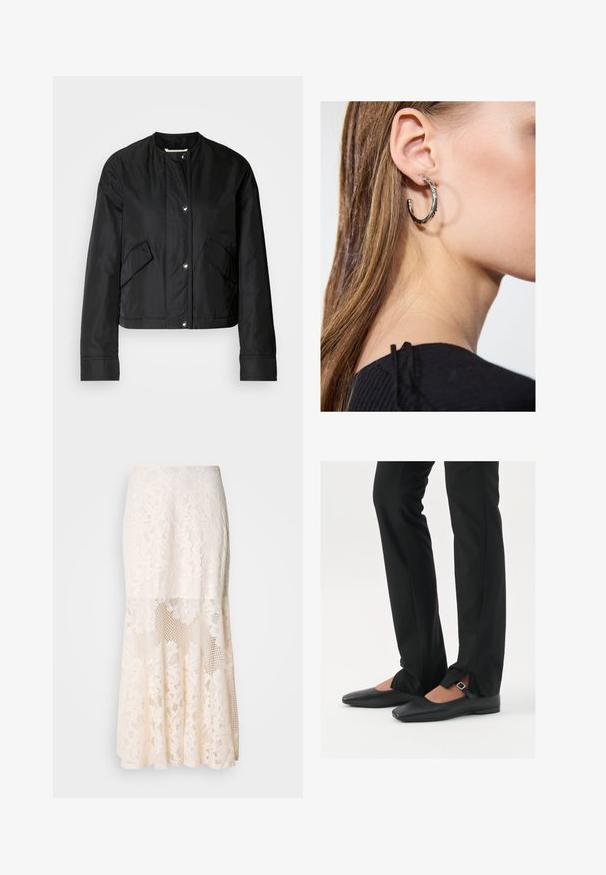 Giacca nera corta realizzata in tessuto liscio, con scollo rotondo, bottoni a pressione e due tasche laterali. Design semplice senza motivo.; Top nero senza maniche realizzato in un tessuto morbido e elasticizzato. Caratterizzato da un collo rotondo e spalline larghe, con una vestibilità aderente e una superficie liscia.; Gonna midi in pizzo floreale color crema; presenta un design a strati con sezioni trasparenti, pizzo testurizzato e un orlo svasato.; Ballerine in pelle nera con punta appuntita, cinturino con fibbia in argento, abbinate a pantaloni neri su misura con orlo a spacco.; Orecchino a cerchio in argento con finitura lucida, caratterizzato da piccoli dettagli in oro e una forma tondeggiante, indossato sul lobo.