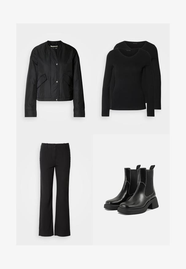 Čierna skrátená bunda vyrobená z hladkej látky, s okrúhlym výstrihom, patentkami a dvoma bočnými vreckami. Jednoduchý dizajn bez vzoru.; Dvoje čiernych košieľ s dlhým rukávom a výstrihom do V, vyrobených z mäkkej a elastickej látky, s jemnou textúrou a priliehavým strihom.; Čierne nohavice z bavlneného zmesového materiálu s rovnými nohavicami, predným zapínaním na gombík a dvoma bočnými vreckami. Hladká textúra, žiadne viditeľné vzory.; Čierne kožené Chelsea čižmy s robustným podpätkom, elastickými bočnými panelmi a kontrastným bielym prešívaním. Textúrovaný povrch.