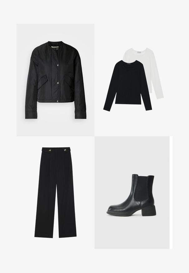 Zwarte cropped jas van gladde stof, met een ronde halslijn, drukknoopsluitingen en twee zijzakken. Eenvoudig ontwerp zonder patroon.; Twee shirts met lange mouwen, één zwart en één wit, beide met een vierkante halslijn en gemaakt van zacht, rekbaar materiaal.; Zwarte wijde broek met hoge taille, knoopdetails op de tailleband en plooien aan de voorkant.; Zwarte leren enkelboot met elastische zijpanelen, ronde neus en een lage blokhak. Het oppervlak heeft een gladde textuur en minimale details.