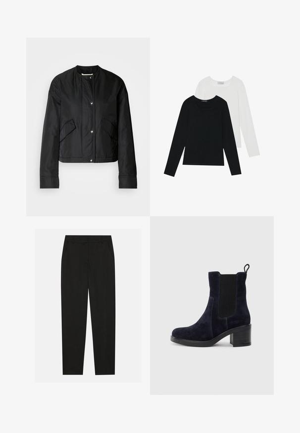 Zwarte cropped jas van gladde stof, met een ronde halslijn, drukknoopsluitingen en twee zijzakken. Eenvoudig ontwerp zonder patroon.; Twee shirts met lange mouwen, één zwart en één wit, beide met een vierkante halslijn en gemaakt van zacht, rekbaar materiaal.; Zwarte broek met een tailormade ontwerp, voorzien van zijzakken en een rechte pijp. Gemaakt van een soepele, lichte stof met een strakke afwerking.; Marineblauwe suède enkellaars met elastische zijpaneel, ronde neus en blokhak. Gemêleerd weefsel en een gladde zool voegen contrast toe.
