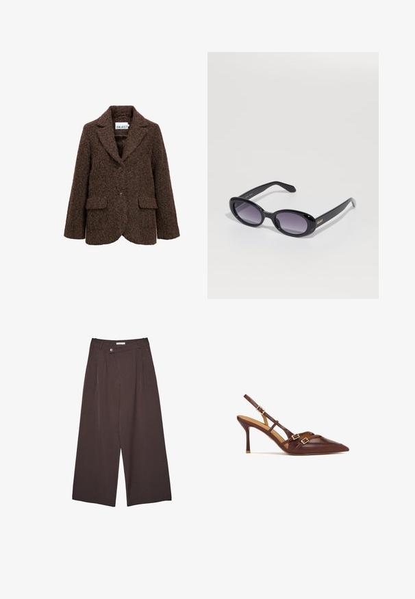 Blazer in misto lana marrone con superficie testurizzata, rever a punte, due tasche frontali e chiusura a un bottone. Interno foderato.; Maglione bianco off-shoulder realizzato in tessuto a costine, con maniche lunghe, orlo aderente e un motivo testurizzato in tutte le parti.; Pantaloni brown a righe larghe con vita abbottonata e passanti per cintura, esposti piatti su uno sfondo bianco.; Décolleté in pelle marrone con punta appuntita, sottile tacco a spillo e dettagli in metallo dorato. Presenta cinturini incrociati sopra il piede.; Occhiali da sole neri a forma ovale con lenti graduate viola. Montatura e aste in plastica lucida. Logo dorato sulla asta sinistra.; Borsa hobo in pelle nera con una forma morbida e curvata. Presenta un ampio manico superiore e pieghe alla base per una texture morbida.