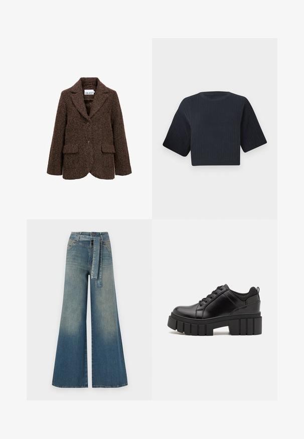 Bruine wollen blazer van een mix van materialen met een gestructureerd oppervlak, notch-lapel, twee voorzakken en een enkele knoopsluiting. Gevoerde binnenkant.; Donker marineblauw cropped gebreid sweater met ribbeltextuur, korte brede mouwen en een ronde halslijn. Eenvoudig ontwerp, zonder zichtbare patronen of accenten.; Wijduitlopende denim broek met een lichte naar donkere blauwe gradient, hoge taille, riemlussen en een bijpassende stoffen riem. Gestructureerde denimafwerking.; Zwarte leren platform schoenen met een stevige blokhak, ronde neus en een traditionele vetersluiting. Kenmerkt zich door een gladde textuur en minimale details.