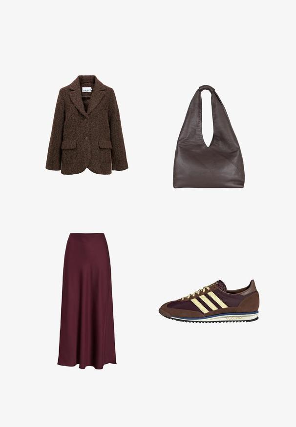 Brown wool-blend blazer with a textured surface, notched lapel, two front pockets, and single-button closure. Lined interior.; White short-sleeve t-shirt made of cotton with a round neckline and a relaxed fit. Smooth texture and no visible patterns or embellishments.; Burgundy satin maxi skirt with a smooth texture, high waist, and a flowing silhouette that flares out gently towards the hemline.; Brown and burgundy sneaker with suede and mesh materials, featuring three cream stripes, textured fabric on the tongue, and a rubber sole.; Brown leather bag with a slouchy, oversized design. Features a loop handle and a deep V-cut opening for easy access. Soft texture, minimalist style.