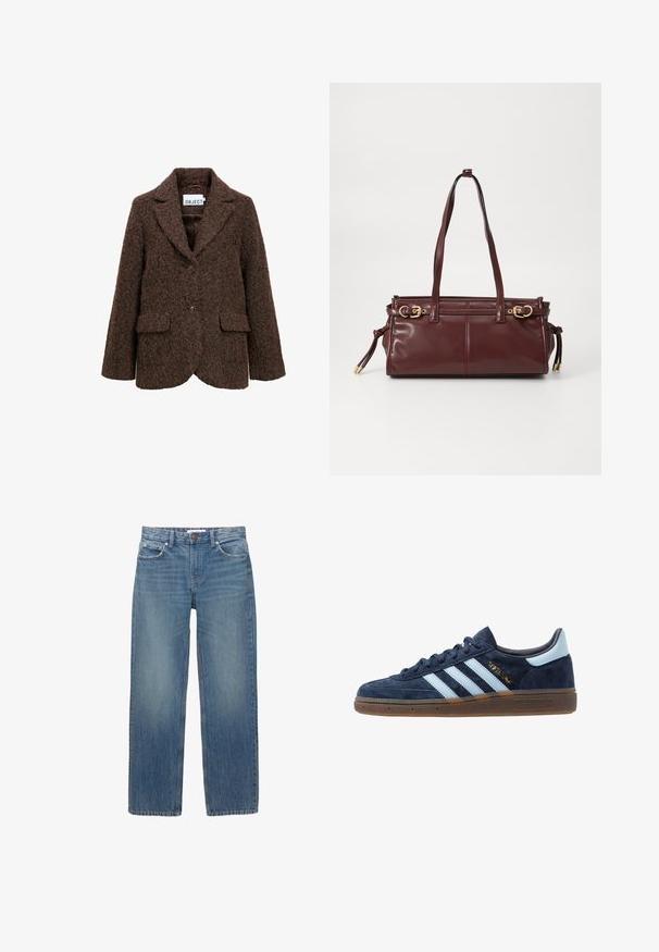 Hnědý blejzr z vlněné směsi s texturovaným povrchem, s klopovým límcem, dvěma předními kapsami a jedním knoflíkovým zapínáním. Podšitý interiér.; Bílý dlouhý rukáv top vyrobený z ribované látky, který má kulatý výstřih a přední zapínání na šest průhledných knoflíků.; Světle modré džínové kalhoty se střihiem do rovna, pěti kapsami a měděným kováním. Látka má mírné vyblednutí a hladkou texturu.; Námořnické modré semišové tenisky Adidas s světle modrými pruhy, gumovou podrážkou, světle modrým patním poutkem a zlatým nápisem "Spezial" na boku.; Bourgonská kožená kabelka se dvěma ramenními popruhy, zlatými kovovými detaily a zipovým uzávěrem. Vyznačuje se hladkou texturou a jemnými švy.