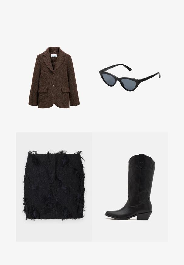 Blazer de mezcla de lana marrón con una superficie texturizada, solapa con muesca, dos bolsillos frontales y cierre de un solo botón. Interior forrado.; Dos tops sin mangas de canalé y cuello alto en marrón y negro, exhibidos sobre un fondo blanco liso.; Falda negra texturizada con un diseño de flecos en capas y un dobladillo ligeramente irregular, hecha de una tela ligera.; Bota de cowboy de cuero negro con puntera puntiaguda, tacón bajo y apilado, y un intrincado patrón de hojas grabado en el eje. Asa en la parte superior para facilitar el uso.; Gafas de sol negras en forma de ojo de gato con lentes gris oscuro, marco de plástico elegante, esquinas puntiagudas y patillas rectas. Sin herrajes ni acentos visibles.; Bolso de mano de cuero burdeos con forma curva, acentos dorados en el herraje y cierre con cremallera. Incluye una correa de hombro desmontable.