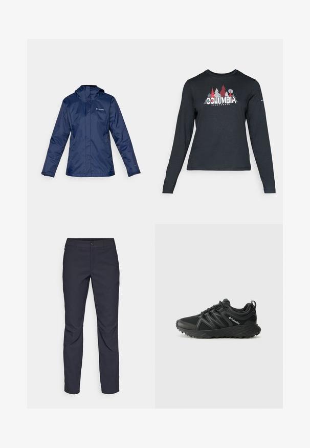 Casaco impermeável azul-marinho com capuz, apresentando um fecho fronta,l mangas longas e o logótipo da Columbia no lado esquerdo. Textura suave.; Camisa de mangas longas cinza escuro com um gráfico de árvores vermelhas e montanhas; logótipo "COLUMBIA" em texto branco em negrito. Tecido suave, cuello redondo padrão.; Calças azul-marinho feitas de tecido liso, com fecho frontal em botão, design slim-fit e detalhes pregueados nos joelhos.; Columbia PEAKFREAK - Sapatos de caminhada - black
