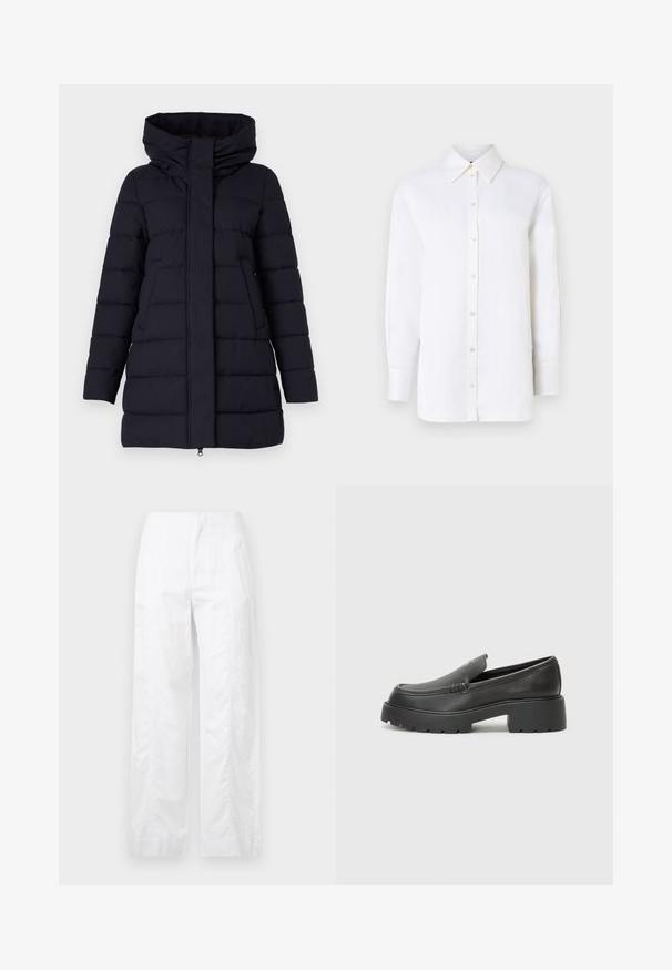 Cappotto invernale imbottito blu navy con colletto alto, zip frontale e tasche laterali; presenta un design trapuntato con una texture di tessuto liscia.; Camicia button-up bianca in lino con colletto a punta, maniche lunghe e chiusure con bottoni. Presenta una vestibilità rilassata e una texture liscia.; Pantaloni bianchi a gamba larga realizzati in tessuto leggero, con una texture liscia, linee pulite e un design a vita alta.; Mocassini in pelle nera con punta arrotondata, suola spessa e testurizzata, e minime cuciture. Design elegante senza lacci o parti metalliche visibili.