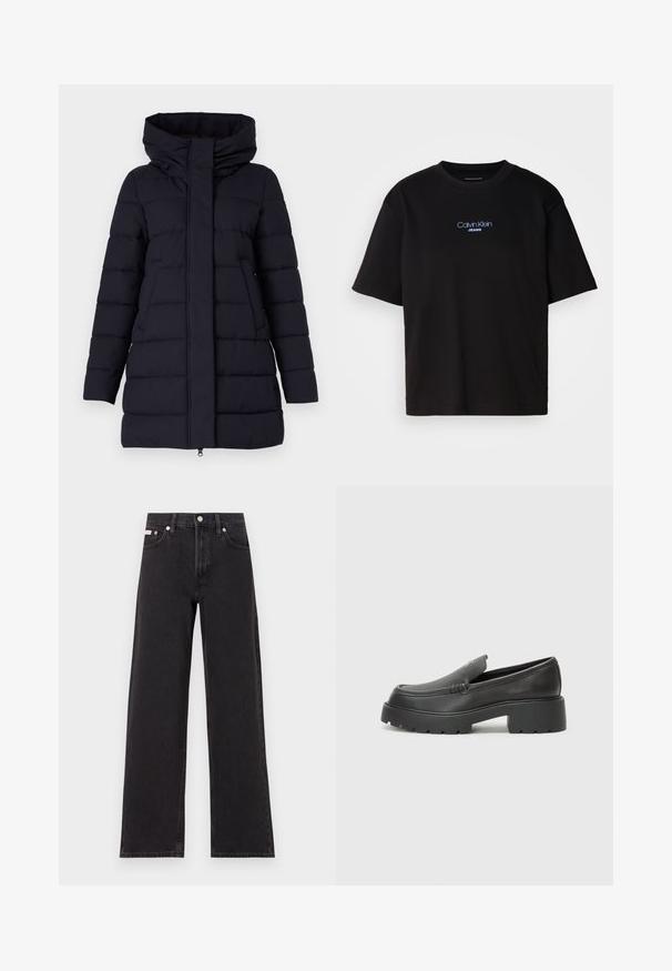 Marineblauer, gepolsterter Wintermantel mit hohem Kragen, Frontreißverschluss und Seitentaschen; mit einem gesteppten Design und glatter Stoffoberfläche.; Schwarzes Baumwoll-T-Shirt mit Rundhalsausschnitt, kurzen Ärmeln und blau gesticktem "Calvin Klein JEANS"-Logo auf der Vorderseite.; Schwarze weit geschnittene Jeans aus Denim mit einem hoch sitzenden Bund, fünf Taschen und einem Metallknopfverschluss mit kontrastierendem Nähte.; Schwarze Lederloafer mit einer abgerundeten Spitze, dicker strukturierten Laufsohle und minimalen Nähten. Schlankes Design ohne sichtbare Schnürsenkel oder Beschläge.