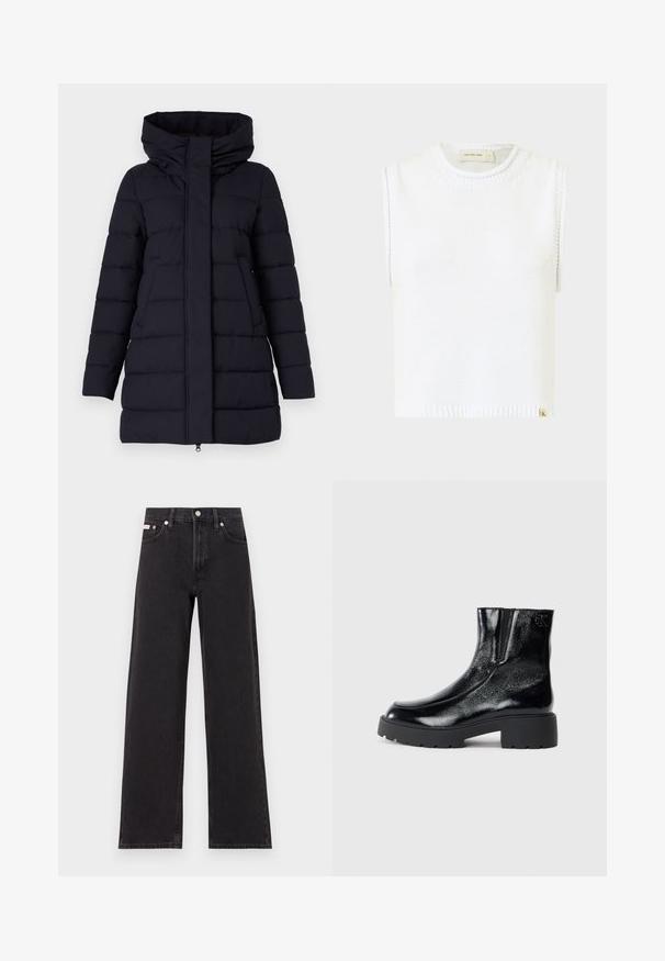 Geacă de iarnă căptușită, de culoare bleu marin, cu guler înalt, fermoar pe față și buzunare laterale; prezintă un design matlasat cu o textură de material neted.; Top alb fără mâneci, din tricot, cu guler rotund, tiv cu nervuri și detalii cu cusături pe laterale; are o etichetă mică cu brandul la margine.; Jeanși negri cu picioare largi, fabricați din denim, cu talie înaltă, stil cu cinci buzunare și închidere cu nasture metalic, cu cusături contrastante.; Botine negre până la gleznă, cu un finisaj de piele lacuită strălucitoare, talpă de cauciuc neagră masivă și toc înălțat; include detalii subtile cu logo pe lateral.