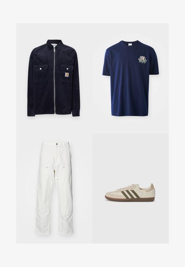 Casaco de corduroy azul-marinho com fecho de correr na frente, dois bolsos no peito, botões prateados e uma pequena etiqueta de marca no bolso esquerdo.; T-shirt de algodão azul marinho com mangas curtas, gola redonda e logótipo bordado com detalhes de louros no lado esquerdo do peito.; Calças cargo brancas em algodão com um corte descontraído. As características incluem bolsos frontais, detalhes em metal dourado e áreas de joelhos reforçadas.; adidas Originals SAMBA OG UNISEX - Sapatilhas - alumina/medium dark khaki/gum