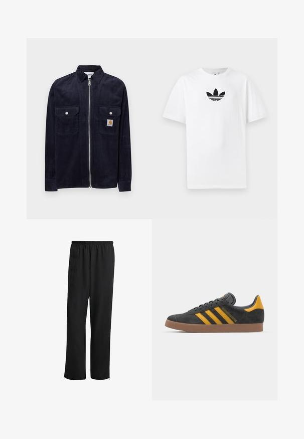 Mornji korduroj jakna s prednjim zatvaračem, dva džepa na prsima, srebrnim dugmadi i malom oznakom marke na lijevom džepu.; Bijela pamučna majica s crnim Adidas logom u centru. Kratki rukavi i dizajn s okruglim izrezom. Glatka tekstura.; Crne sportske hlače s elastičnim pojasom, ravnog kroja, bočnim džepovima i patentnim zatvaračima na manžetama, izrađene od glatkog i laganog materijala.; Crne nubuk tenisice s žutim detaljima, sa tri pruge i smešnim gumenim potplatom. Imaju jastučić na jeziku za udobnost.