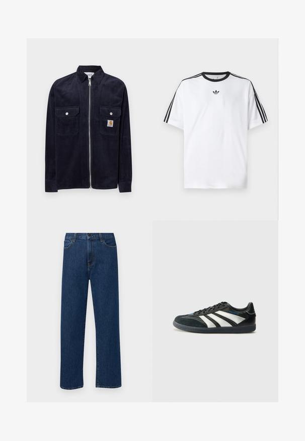 Tamsiai mėlynas kordūrų švarkas su priekyje esančia užtrauktuku, dviem krūtininėmis kišenėmis, sidabriniais spaudais ir mažyte prekiniu etikete kairėje kišenėje.; Balta medvilninė marškinėlių su juodu apvali kaklu, ant kiekvieno peties iš trijų juodų juostelių. Mažas juodas logotipas ant krūtinės.; Tamsiai mėlynos tiesaus žandikaulio džinsai su priekinėmis kišenėmis ir mygtuko uždarymu, rodantys ant paprasto balto fono.; adidas Performance PREDATOR FREESTYLE JUDE INDOOR FOOTBALL SHOES - Salės futbolo bateliai - core black/silver-coloured/glory blue